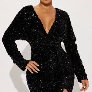 Long Sleeve V-Neck Black Sequin Gown
